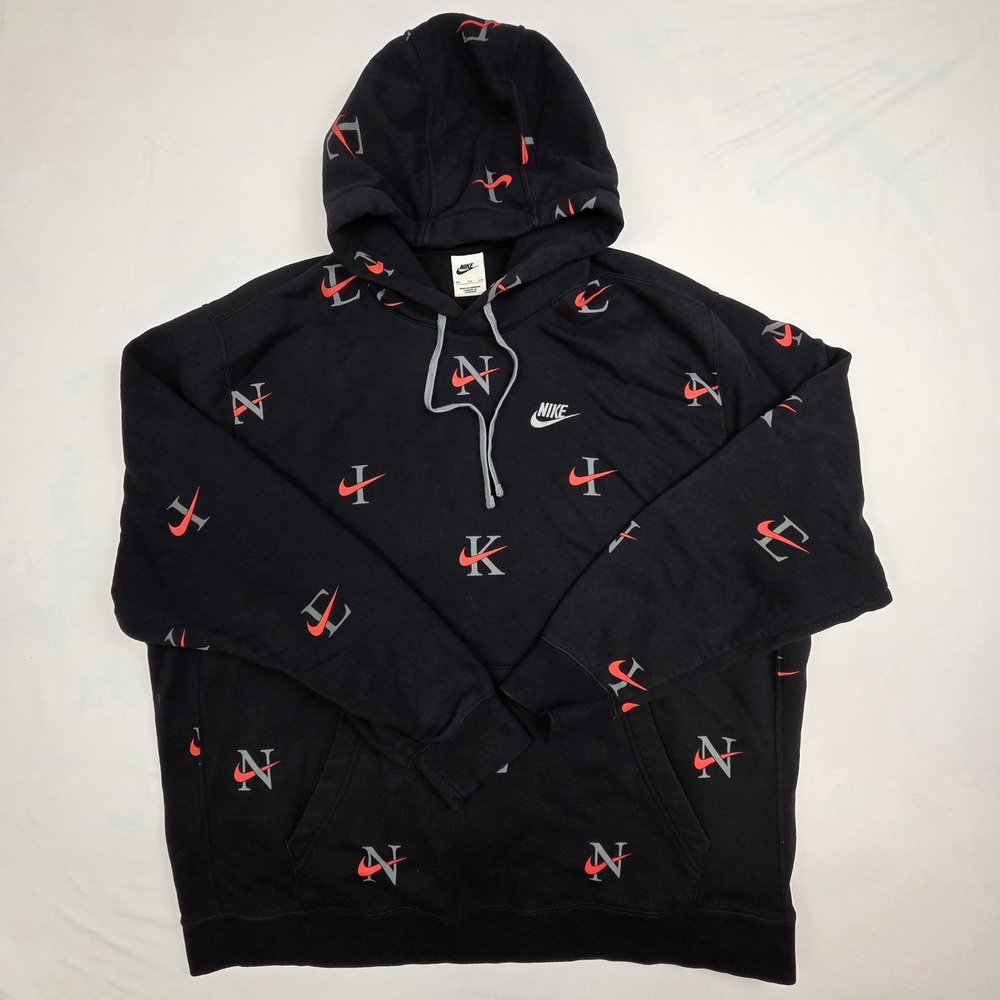 Nike Mens All Over Print Swoosh Hoodie 2XL Black Orange Sportswear DV9601-011